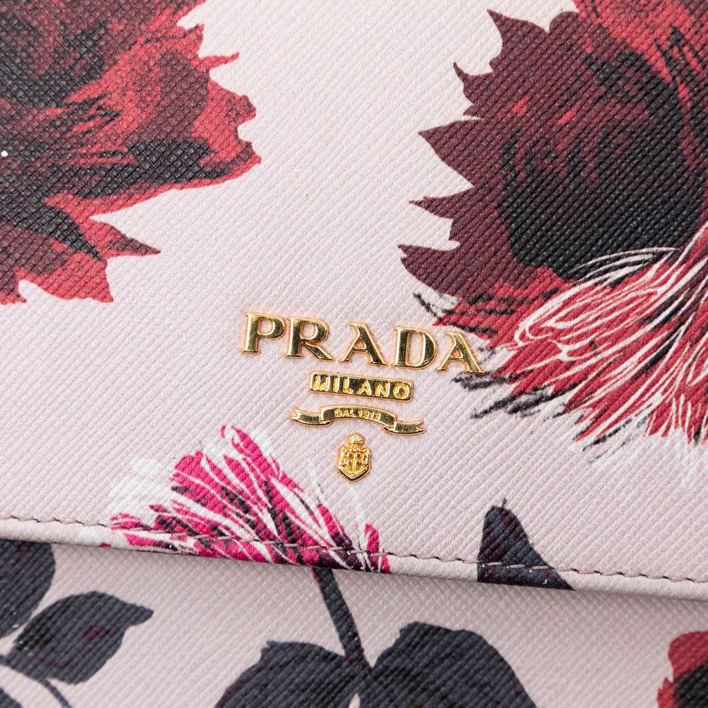Prada Saffiano Floral Print Wallet on Strap Pink Leather Good condition - Box View