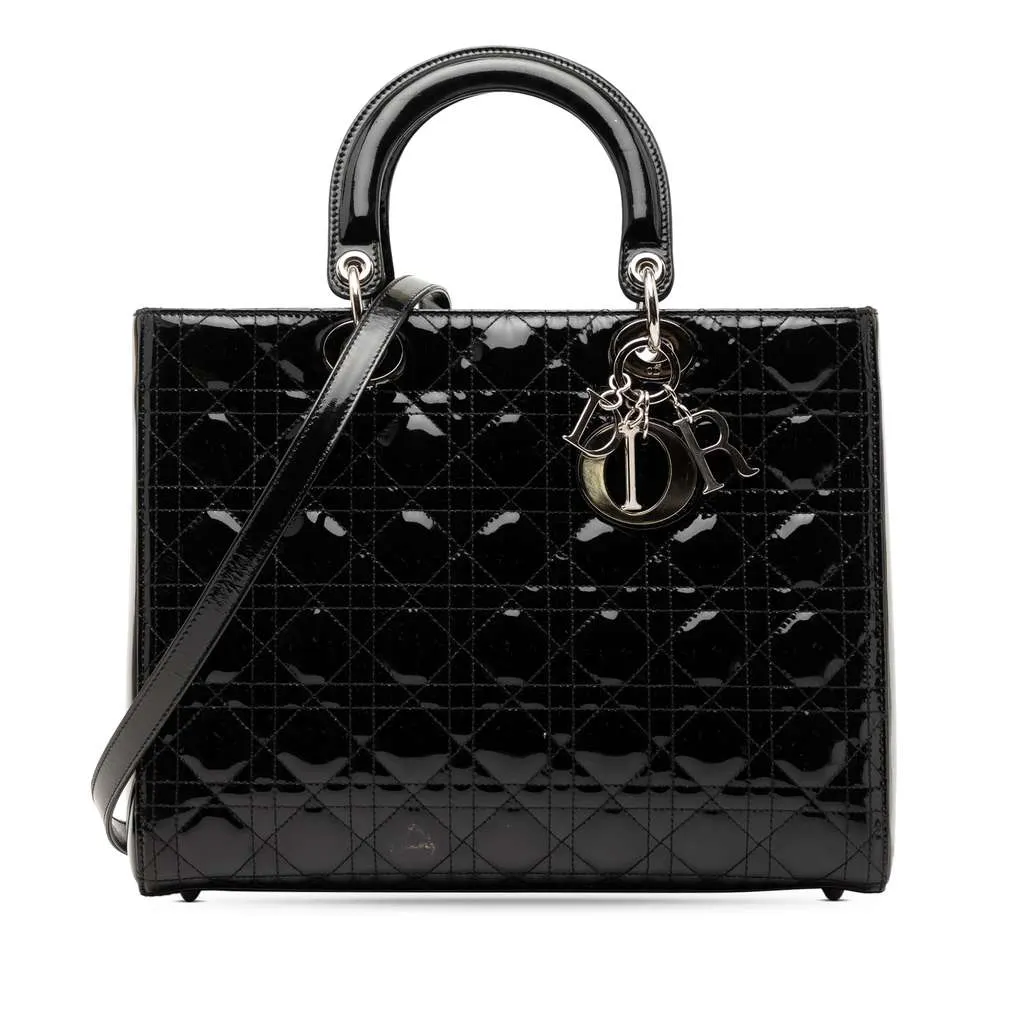 Dior Large Patent Cannage Lady Dior Black Leather Good - Front View