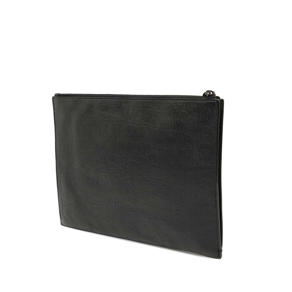 Saint Laurent Croc Embossed Leather Monogram Document Holder Black Leather Good condition - Back View