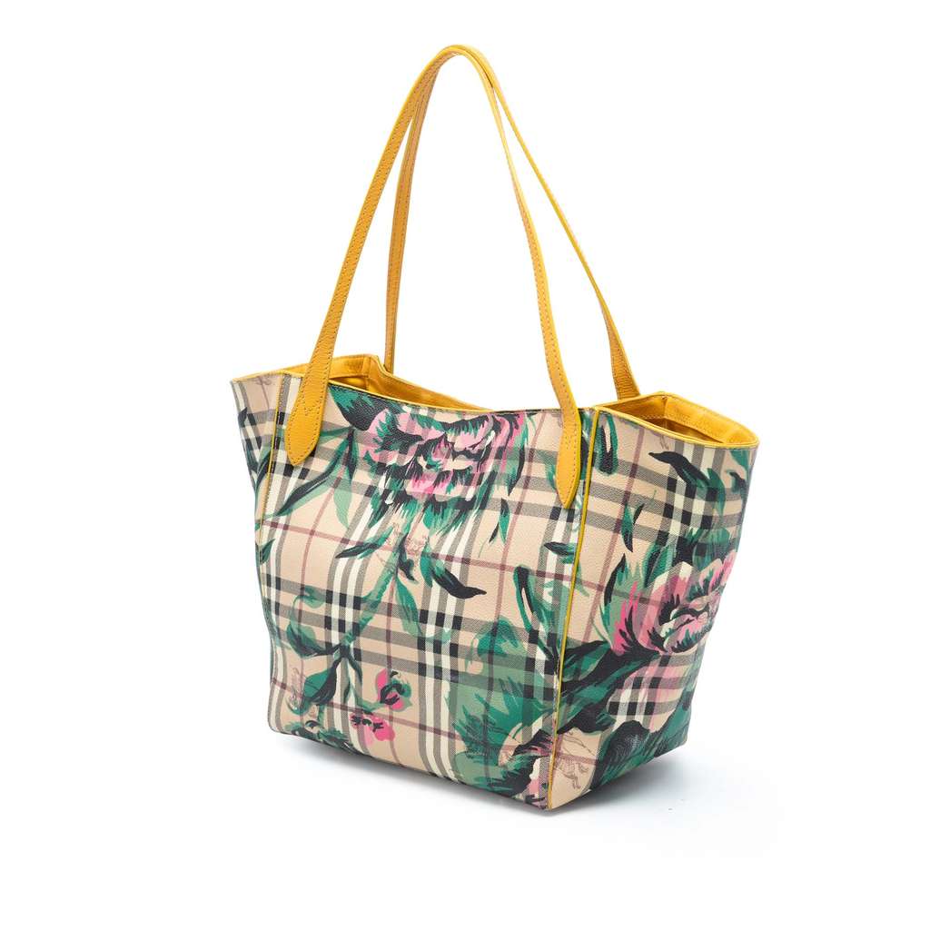 Burberry Small Haymarket Check Floral Print Coated Canvas Canterbury Tote Brown Canvas Good condition - Back View