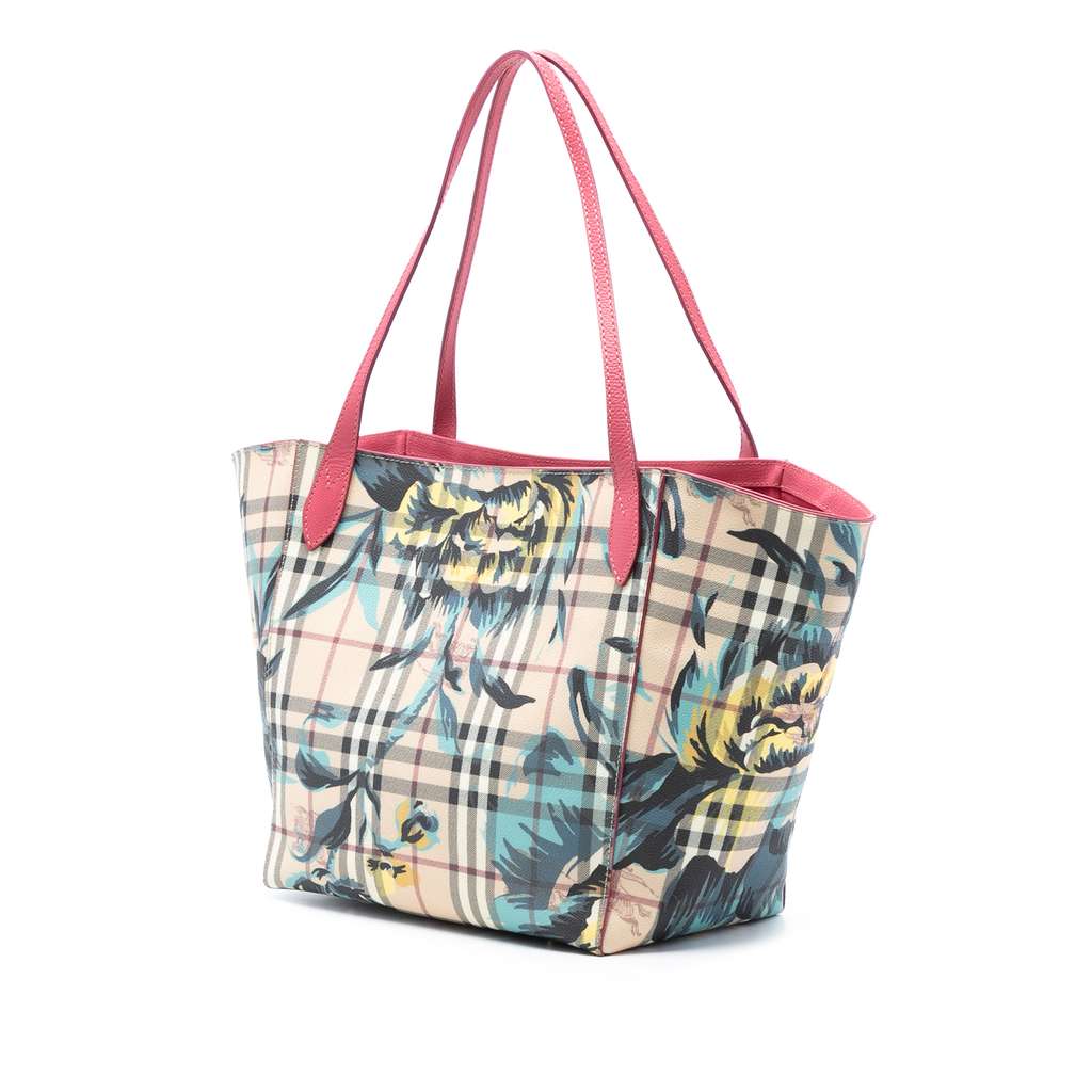 Burberry Small Haymarket Check Floral Print Coated Canvas Canterbury Tote Brown Canvas Good condition - Back View