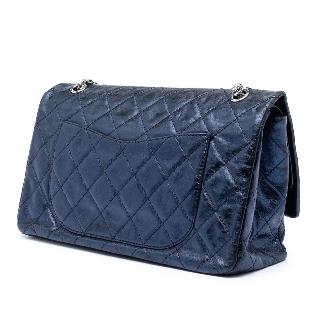 Chanel Metallic Quilted Aged Calfskin Reissue 2.55 Double Flap 227 Blue Leather Good condition - Back View