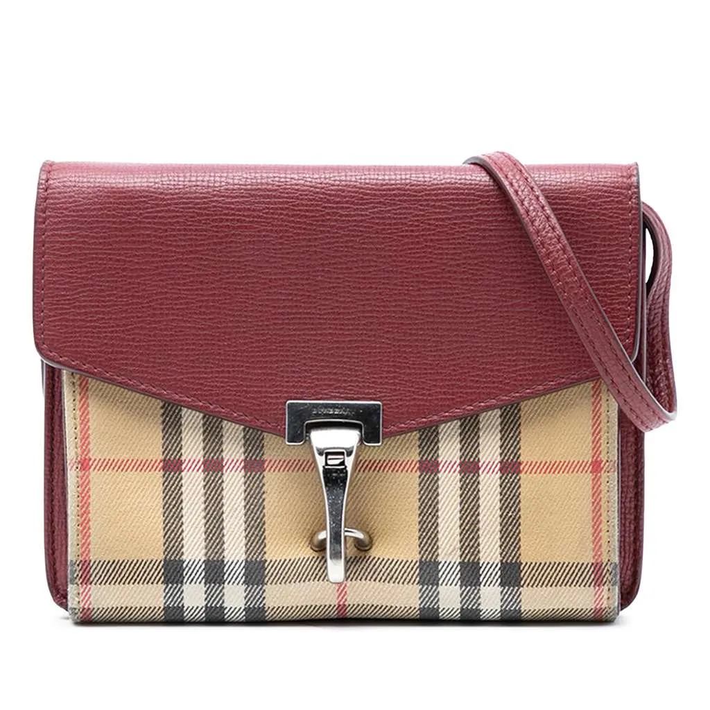 Burberry Small Leather and House Check Canvas Derby Macken Crossbody Red Leather Very good - Front View