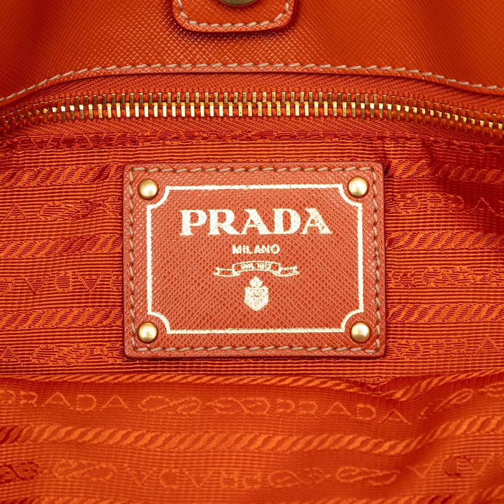 Prada Saffiano Trimmed Tessuto Logo Oro Satchel Orange Good condition - Box View