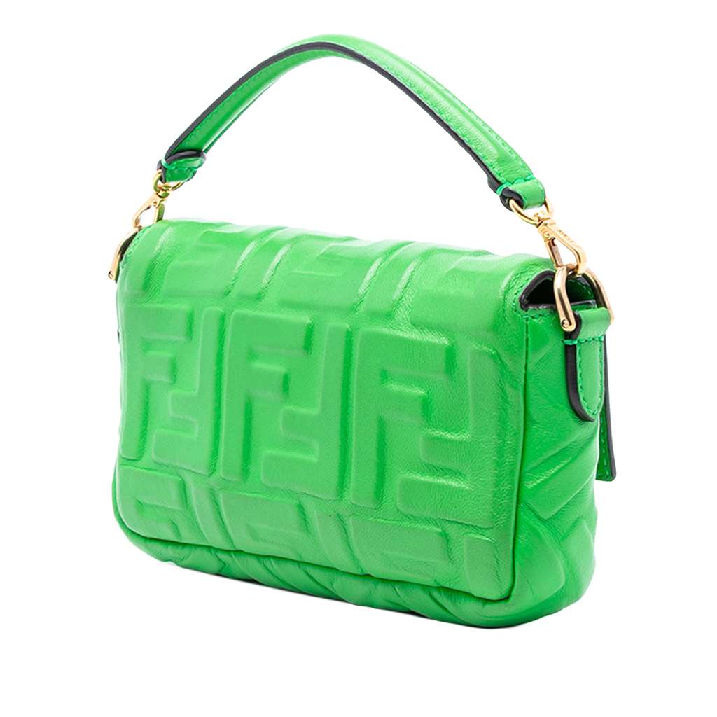 Fendi Mini Zucca Embossed Leather Baguette Satchel Green Leather Good condition - Back View
