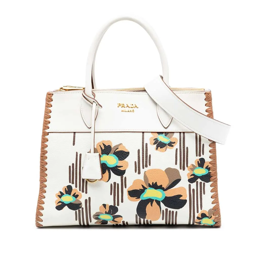 Prada City Calf Trimmed Madras Floral Print Paradigme Whipstitch Satchel White Leather Good - Front View