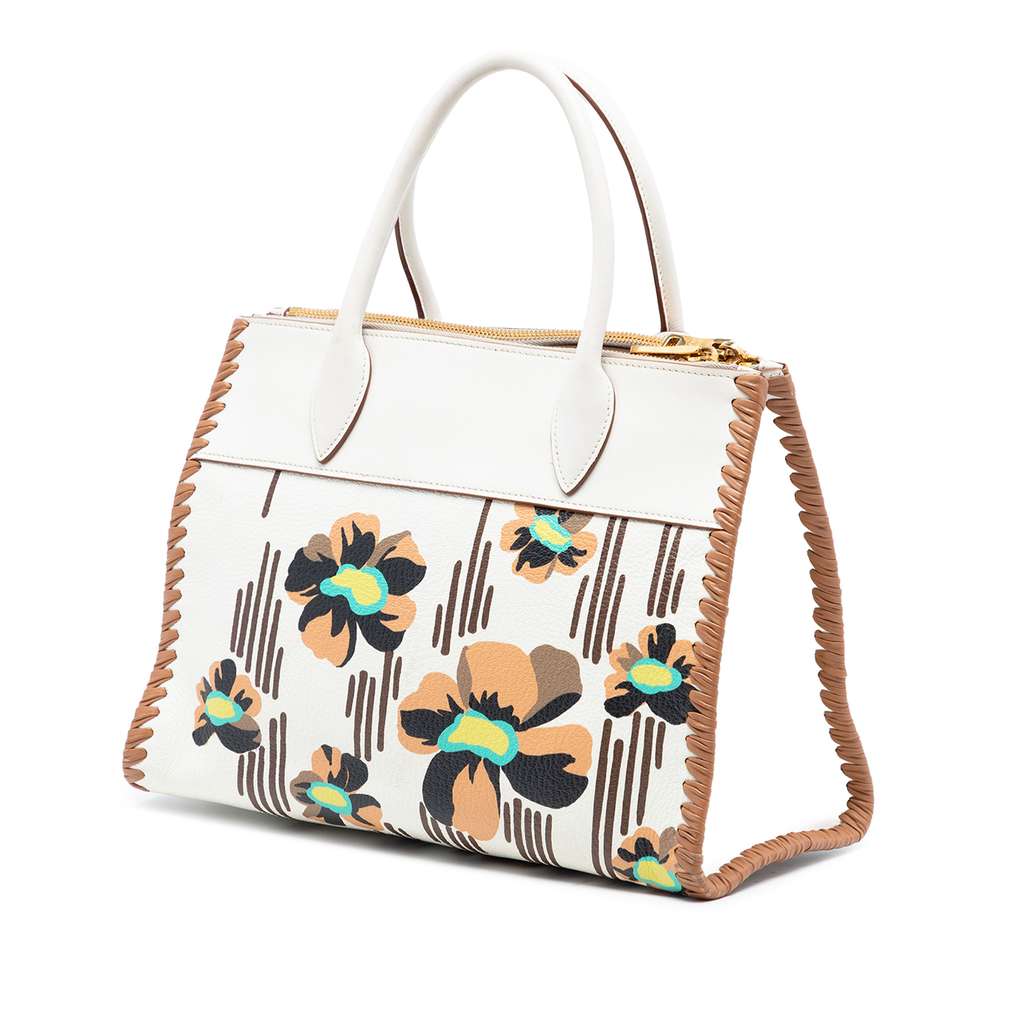 Prada City Calf Trimmed Madras Floral Print Paradigme Whipstitch Satchel White Leather Good condition - Back View