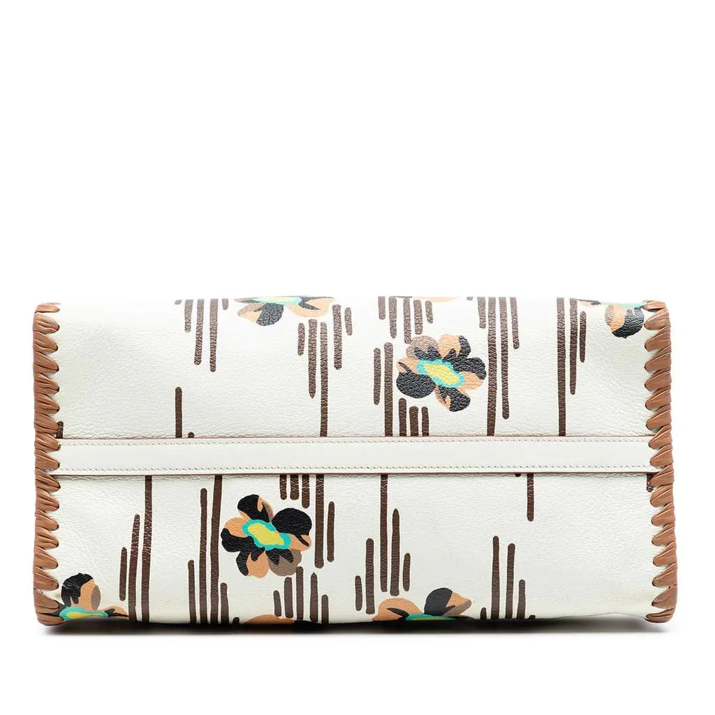 Prada City Calf Trimmed Madras Floral Print Paradigme Whipstitch Satchel White Leather Good - Inside View