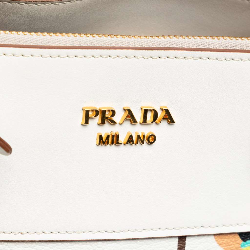 Prada City Calf Trimmed Madras Floral Print Paradigme Whipstitch Satchel White Leather Good condition - Box View