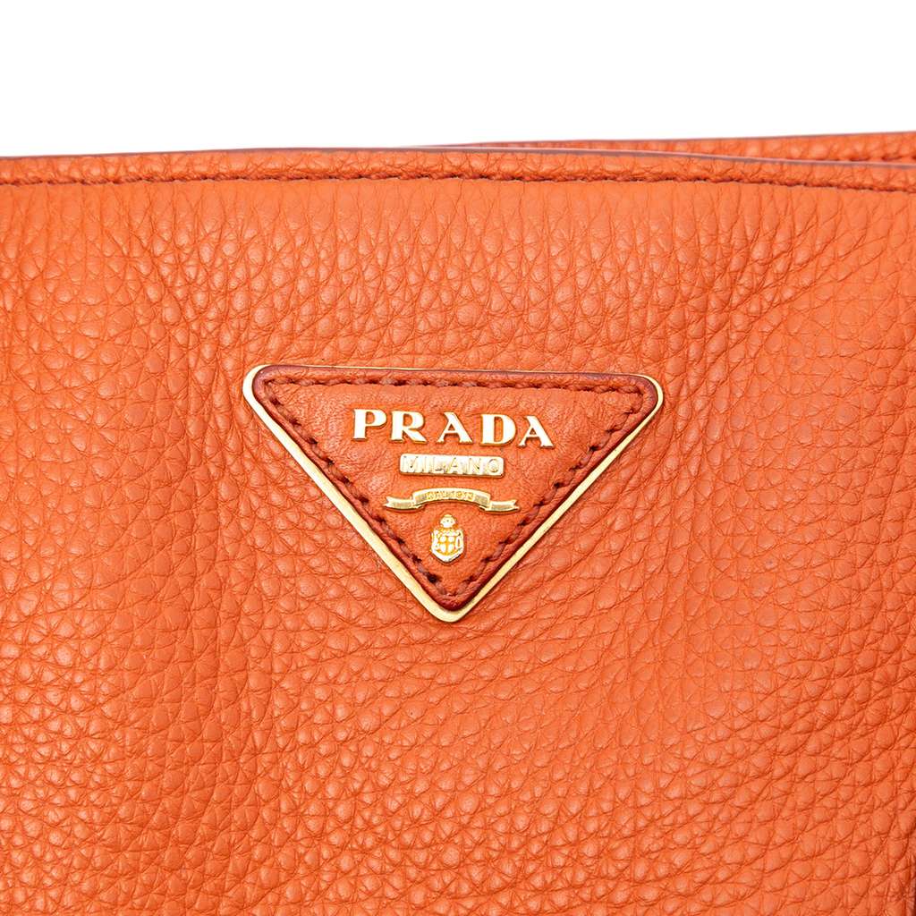 Prada Vitello Daino Side Zip Twin Pocket Open Convertible Tote Orange Leather Good condition - Box View