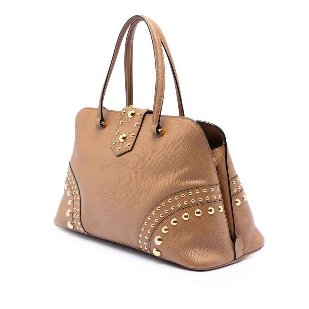 Prada Studded Saffiano Cuir Promenade Satchel Brown Leather Good condition - Back View
