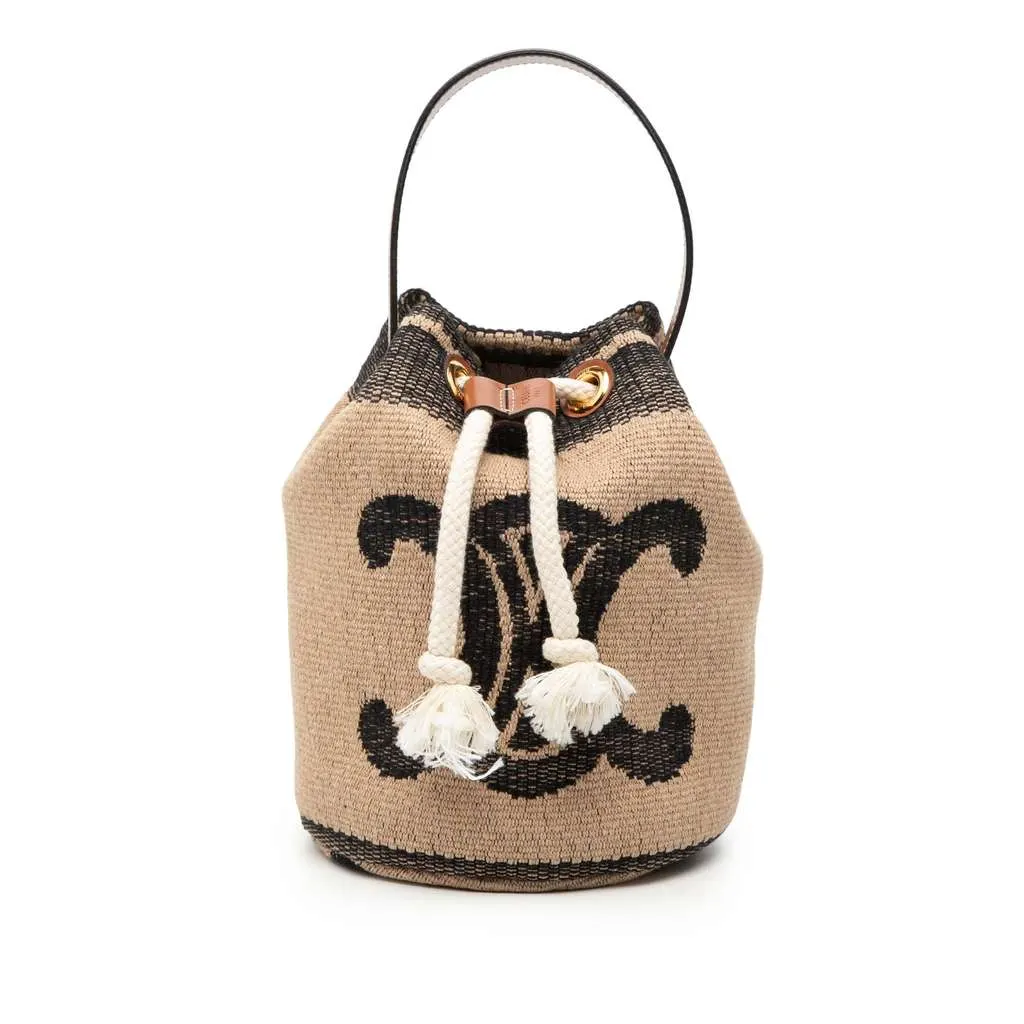 Celine Small Triomphe Raffia Drawstring Bucket Bag Brown Never worn - Front View