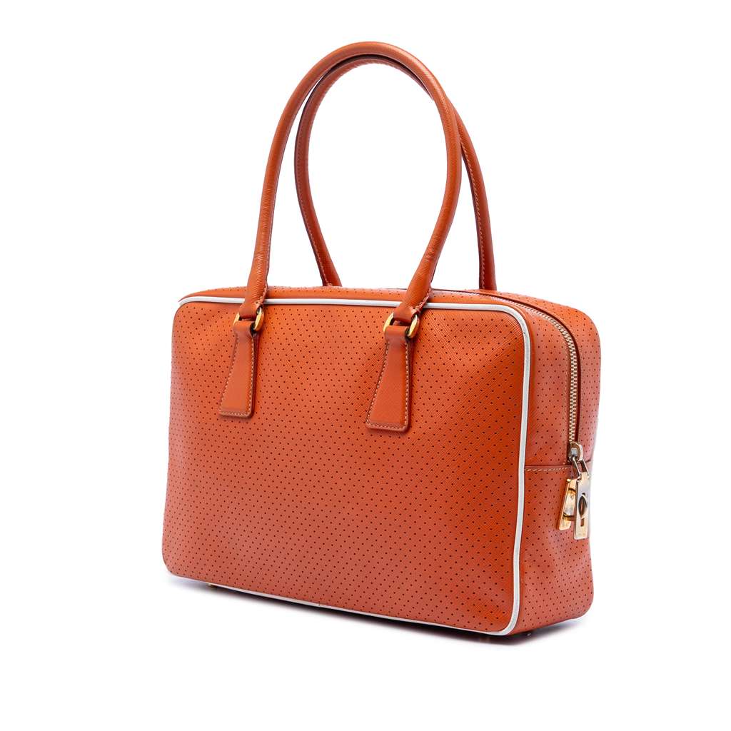Prada Perforated Vitello Drive Leather Bauletto Top Handle Bag Orange Leather Good condition - Back View