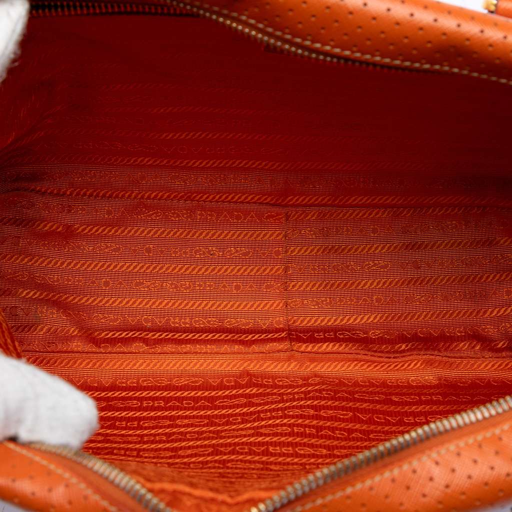 Prada Perforated Vitello Drive Leather Bauletto Top Handle Bag Orange Leather Good condition - Model View