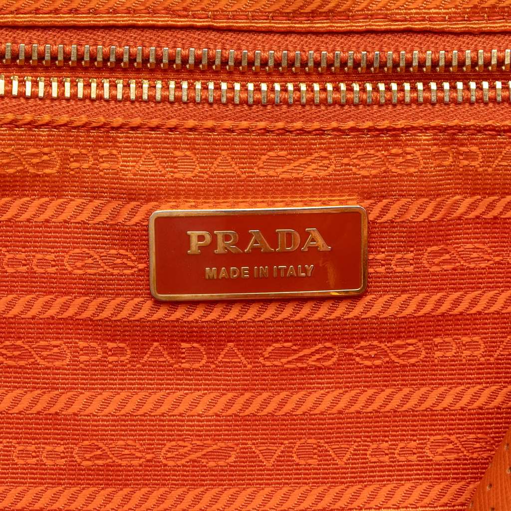 Prada Perforated Vitello Drive Leather Bauletto Top Handle Bag Orange Leather Good condition - Box View