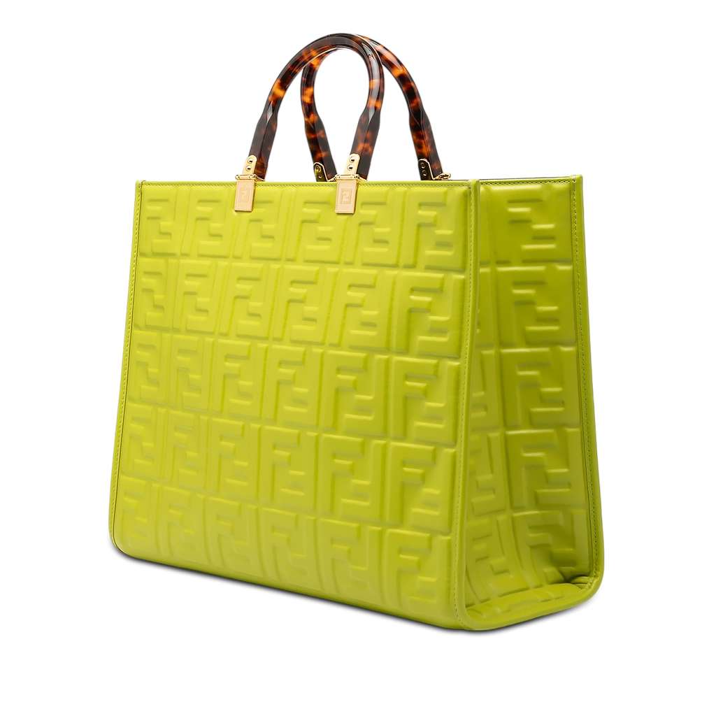 Fendi Medium Zucca Embossed Leather Sunshine Shopper Tote Green Leather Good condition - Back View