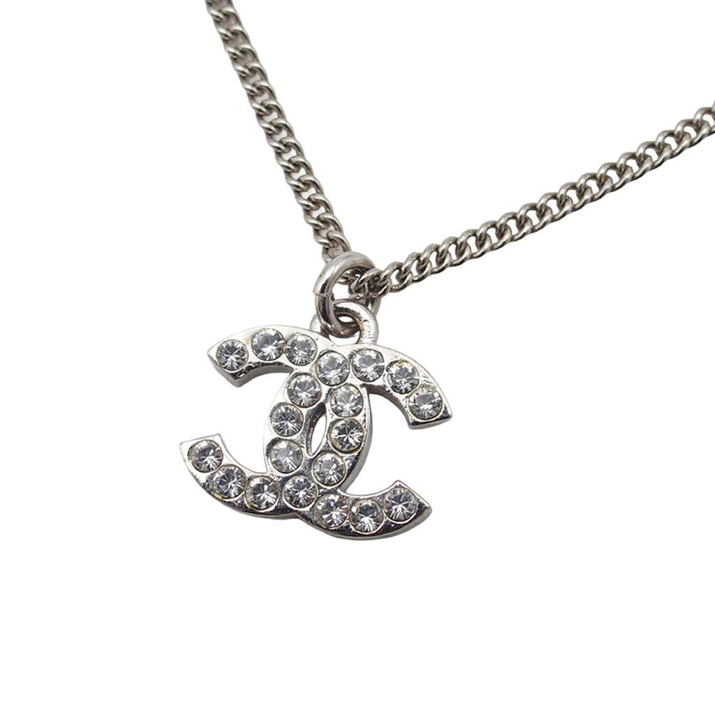 Chanel Silver Plated CC Rhinestone Pendant Necklace Silver Metal Good condition - Back View
