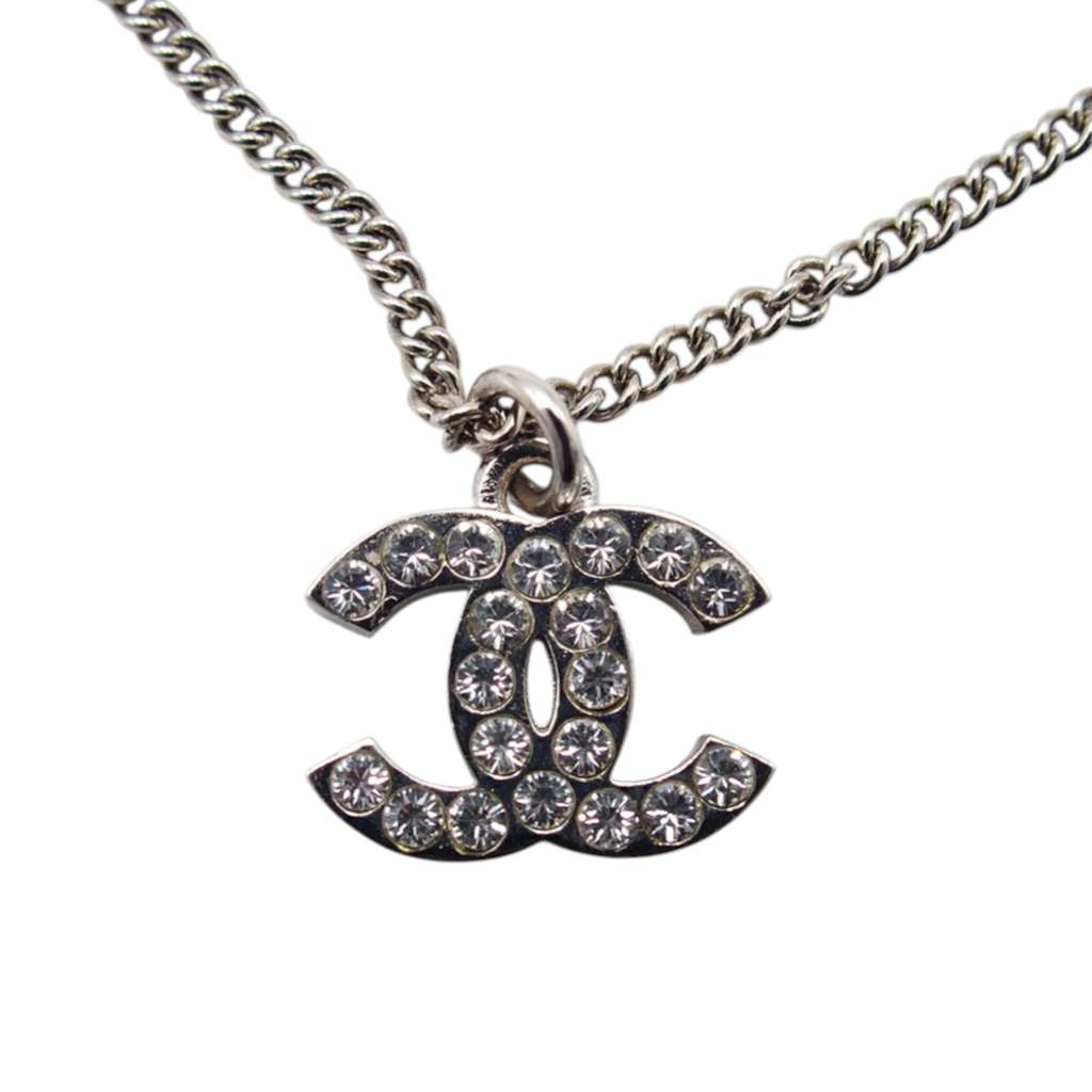Chanel Silver Plated CC Rhinestone Pendant Necklace Silver Metal Good condition - Inside View