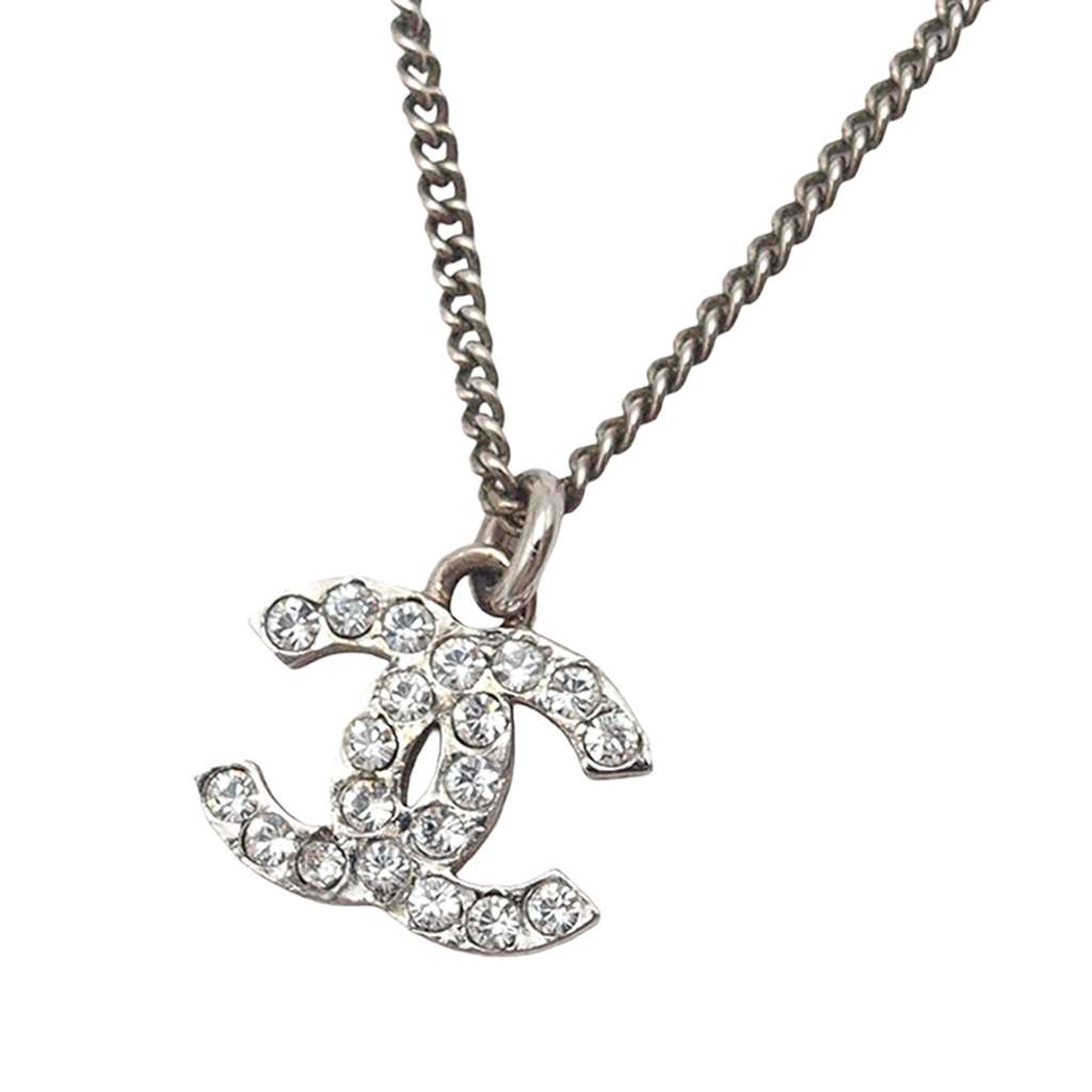 Chanel CC Silver Plated Rhinestone Pendant Necklace Silver Metal Good condition - Back View