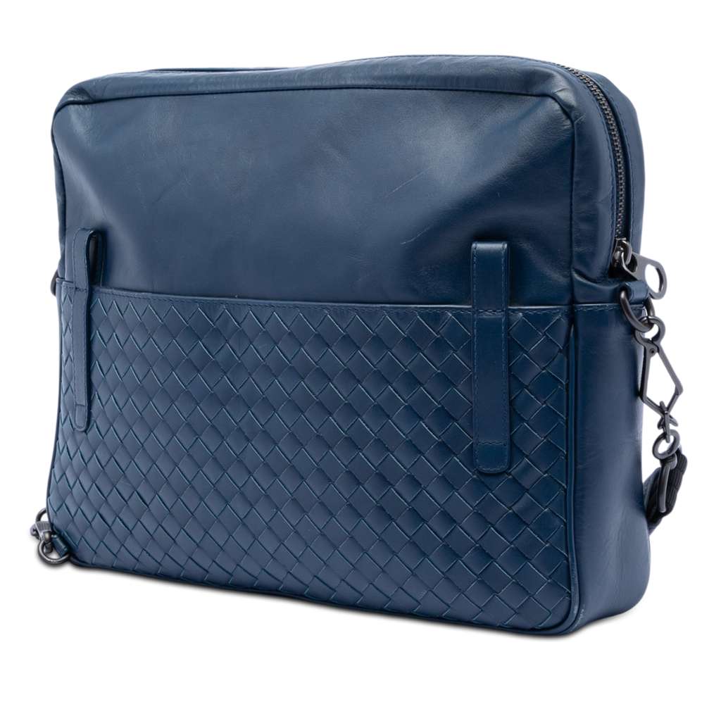 Bottega Veneta Intrecciato Trimmed Nappa Messenger Bag Blue Leather Good condition - Back View