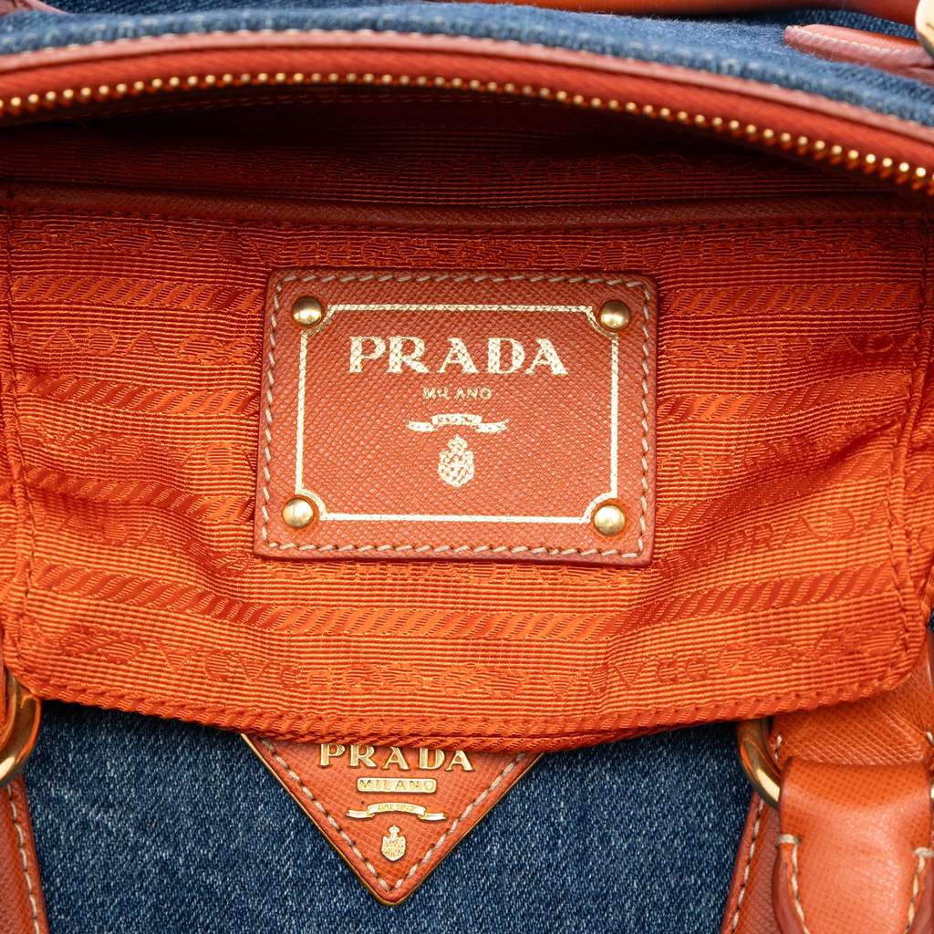 Prada Saffiano Trimmed Denim Handbag Blue Denim Good condition - Box View