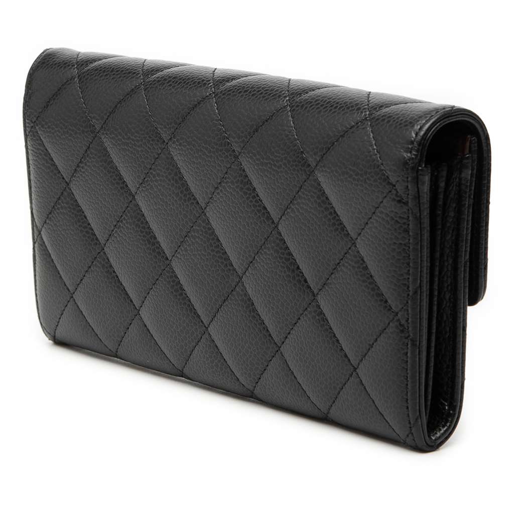 Chanel CC Quilted Caviar Flap Long Wallet Black Leather Good condition - Back View