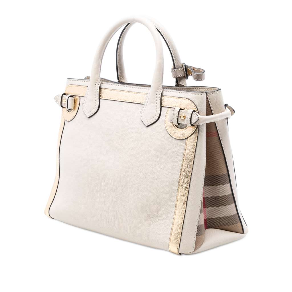 Burberry Medium Bicolor Leather and House Check Banner Satchel White Leather Good condition - Back View
