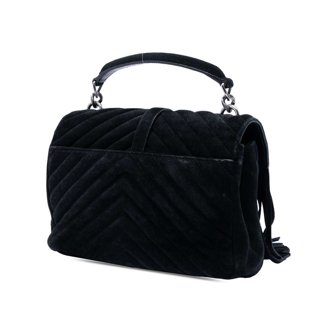Saint Laurent Medium Chevron Suede Monogram Fringe College Satchel Black Leather Good condition - Back View