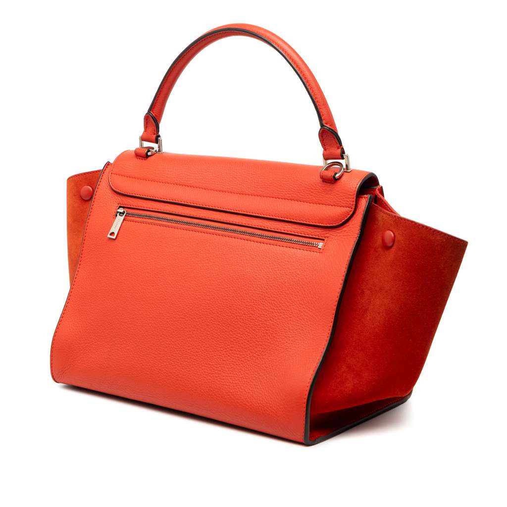 Celine Medium Drummed Calfskin and Suede Trapeze Satchel Orange Leather Good condition - Back View