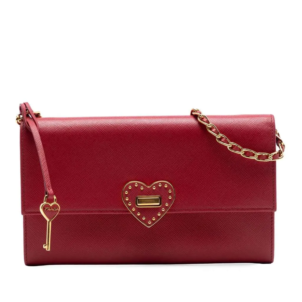 Prada Saffiano Heart Wallet On Chain Red Leather Very good - Front View