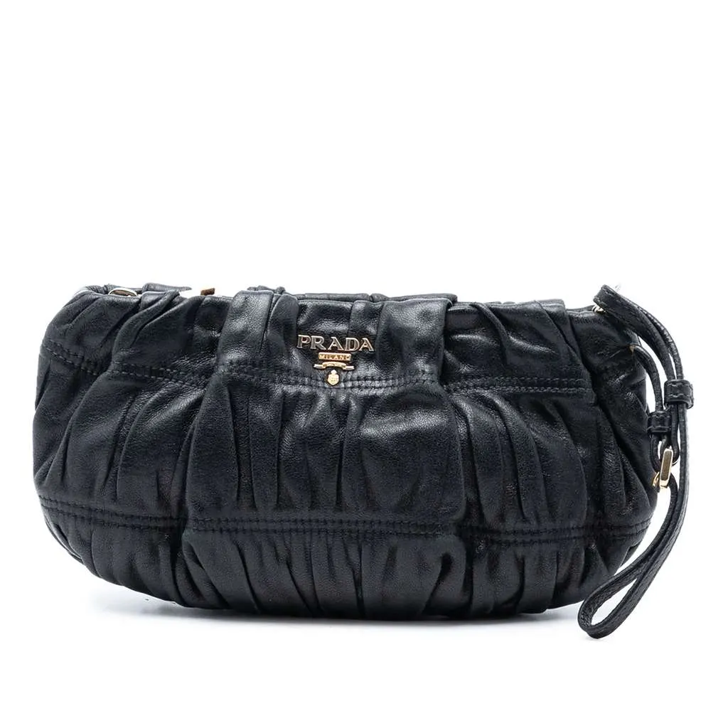 Prada Nappa Gaufre Wristlet Clutch Black Leather Very good - Front View