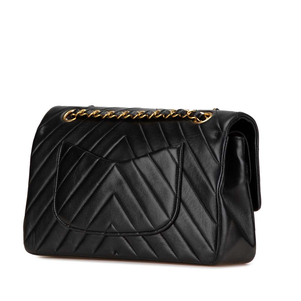 Chanel Small Classic Chevron Lambskin Double Flap Black Leather Good condition - Back View
