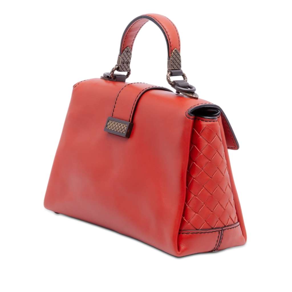 Bottega Veneta Mini Intrecciato Trimmed Nappa Piazza Top Handle Satchel Orange Leather Good condition - Back View