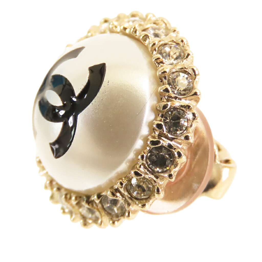 Chanel CC Gold Plated Lacquered Faux Pearl and Rhinestone Clip On Earrings Gold Metal Good condition - Box View