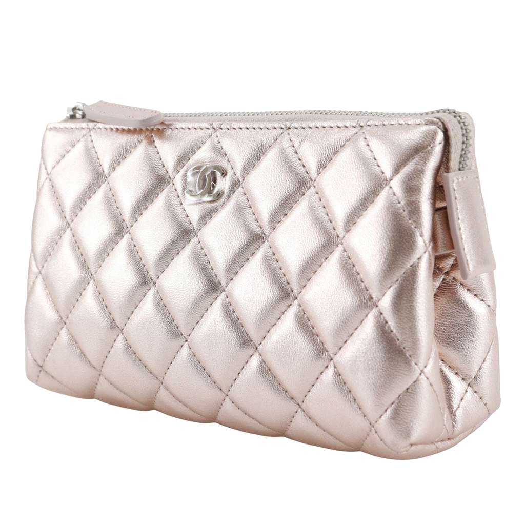 Chanel Metallic Quilted Lambskin Cosmetic Pouch Pink Leather Good condition - Back View