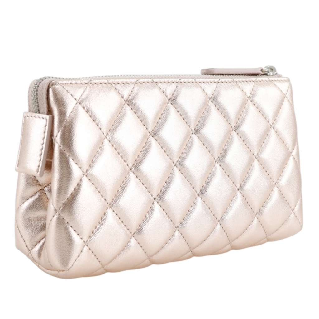 Chanel Metallic Quilted Lambskin Cosmetic Pouch Pink Leather Good condition - Inside View