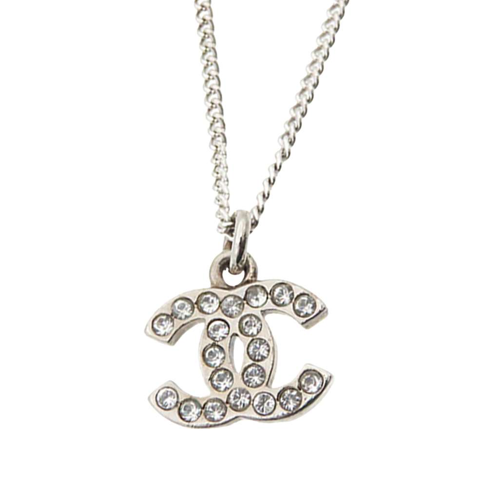 Chanel Silver Plated CC Rhinestone Pendant Necklace Silver Metal Good condition - Back View