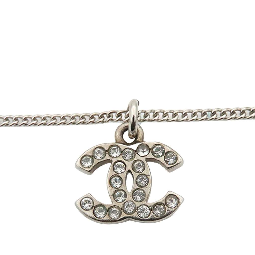 Chanel Silver Plated CC Rhinestone Pendant Necklace Silver Metal Good condition - Inside View