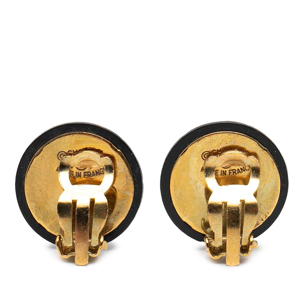Chanel CC Gold Plated Resin Quilted Button Clip On Earrings Black Good condition - Back View