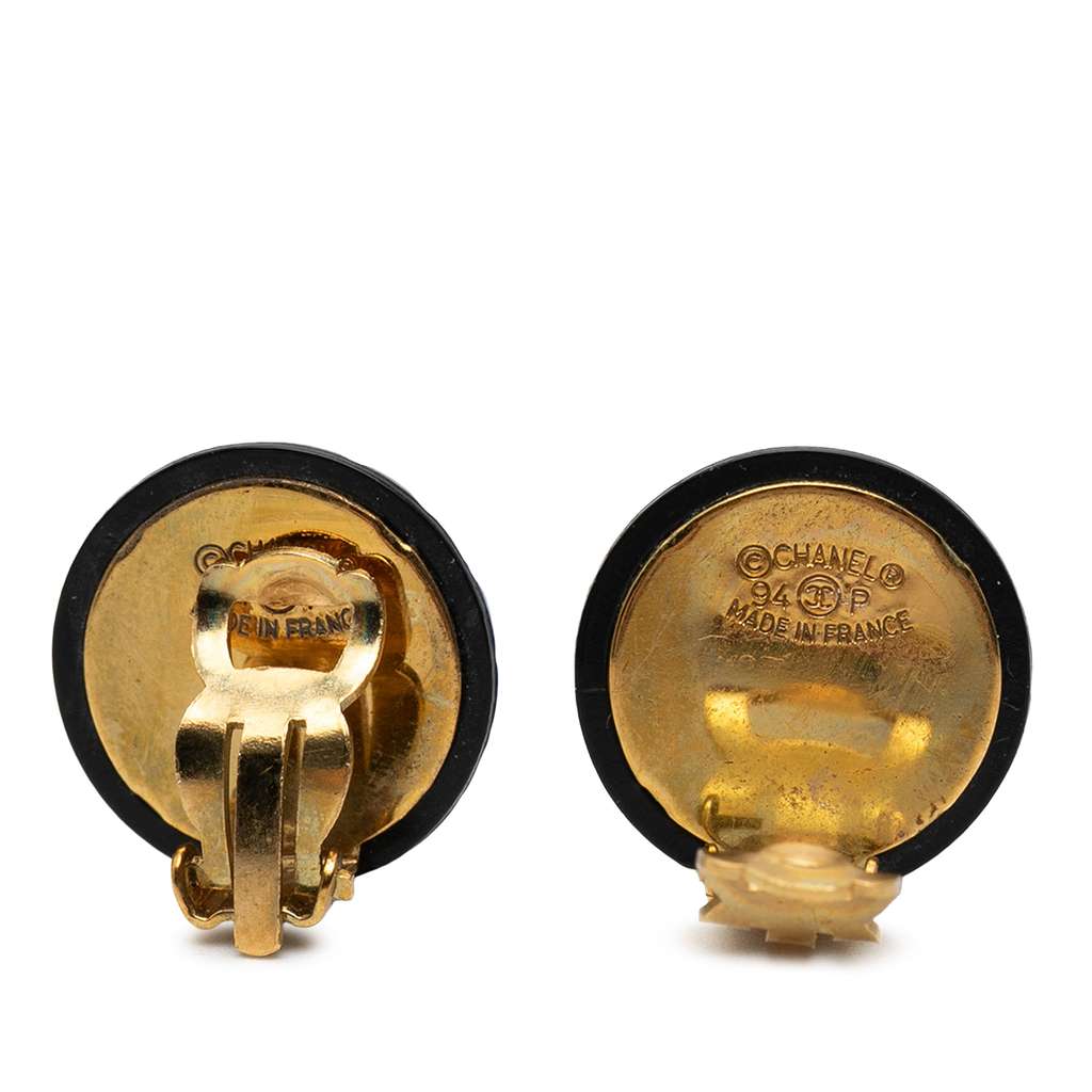 Chanel CC Gold Plated Resin Quilted Button Clip On Earrings Black Good condition - Inside View