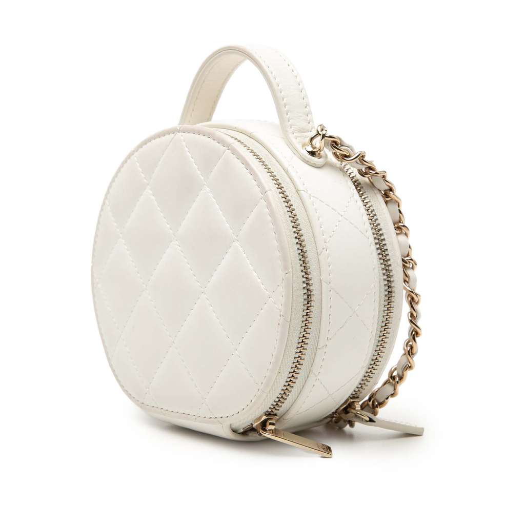 Chanel Quilted Lambskin Handle With Care Round Vanity Case with Chain White Leather Good condition - Back View