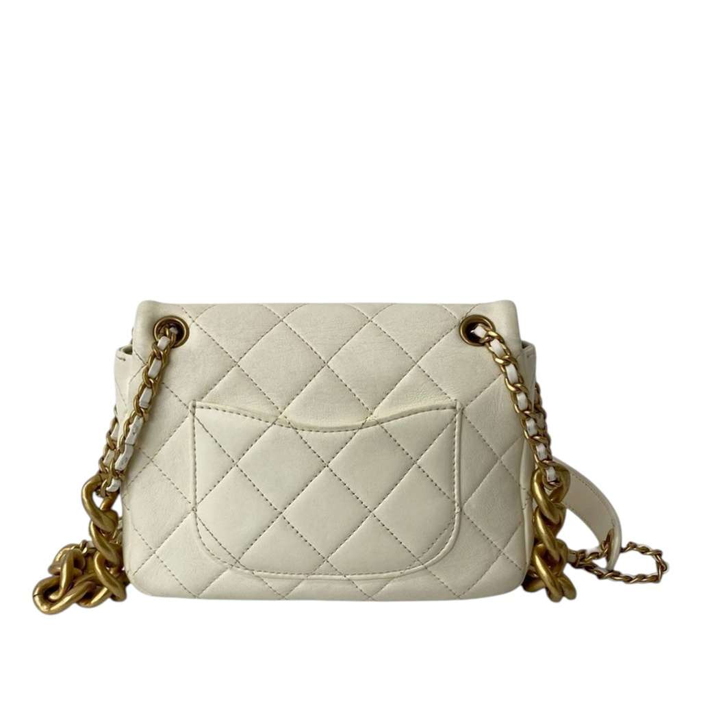 Chanel Mini Quilted Shiny Lambskin Dual Chain Flap White Leather Good condition - Back View