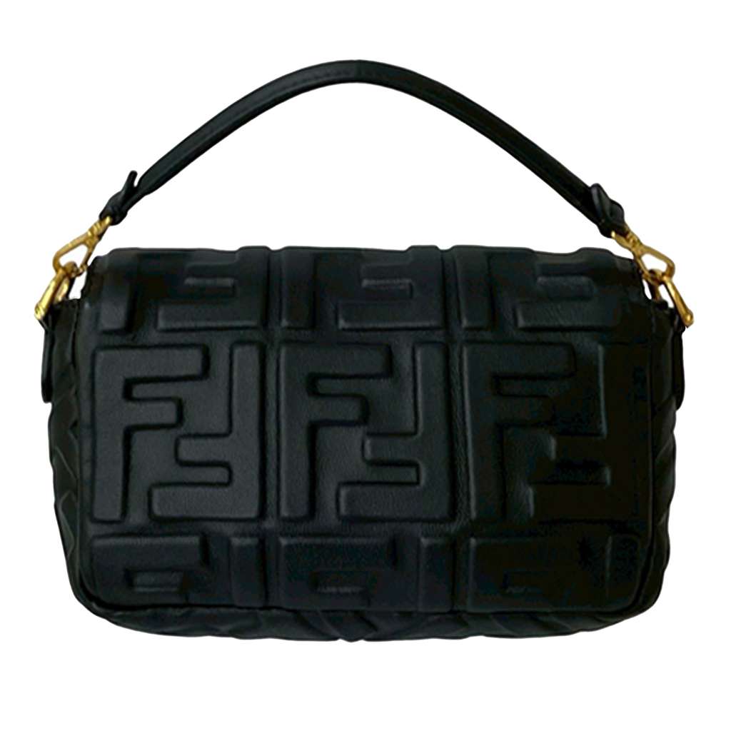 Fendi Mini Zucca Embossed Leather Baguette Satchel Black Leather Good condition - Back View