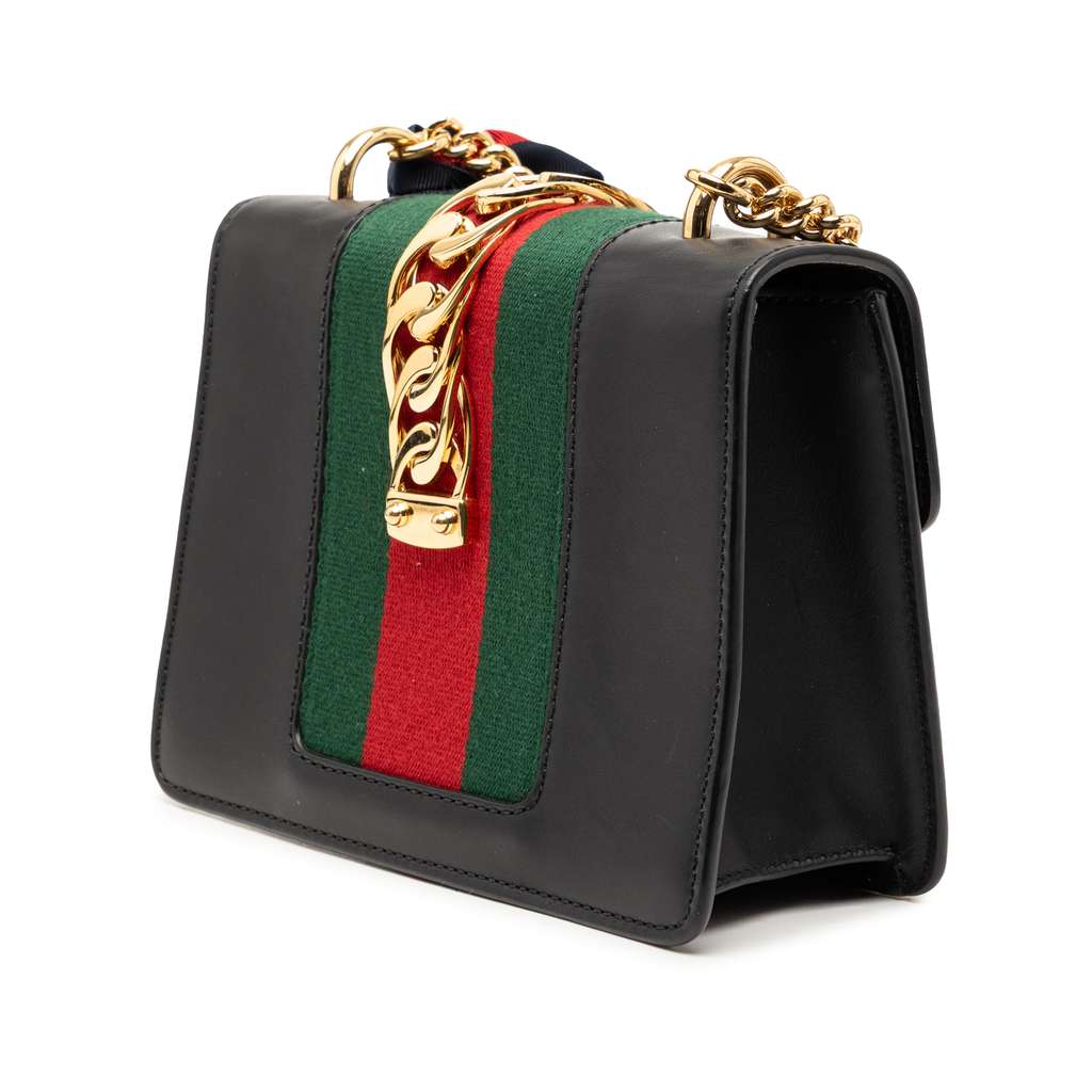 Gucci Mini Leather Web Sylvie Chain Crossbody Black Leather Good condition - Back View