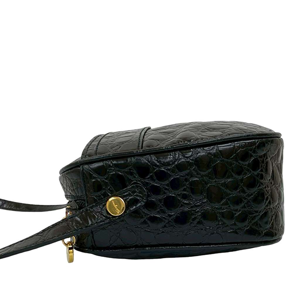 Salvatore Ferragamo Croc Embossed Leather Vara Crossbody Black Leather Good condition - Box View