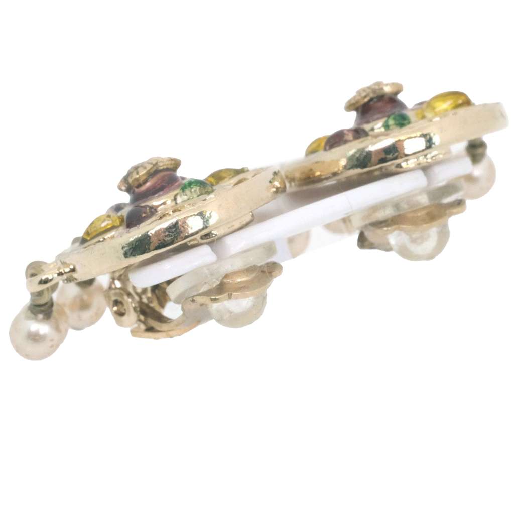 Chanel CC Gold Plated Gripoix and Faux Pearl Flower Clip On Earrings Gold Metal Good condition - Box View