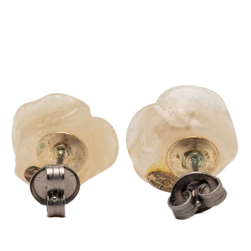 Chanel CC Resin Gold Plated Camellia Push Back Earrings White Good condition - Back View