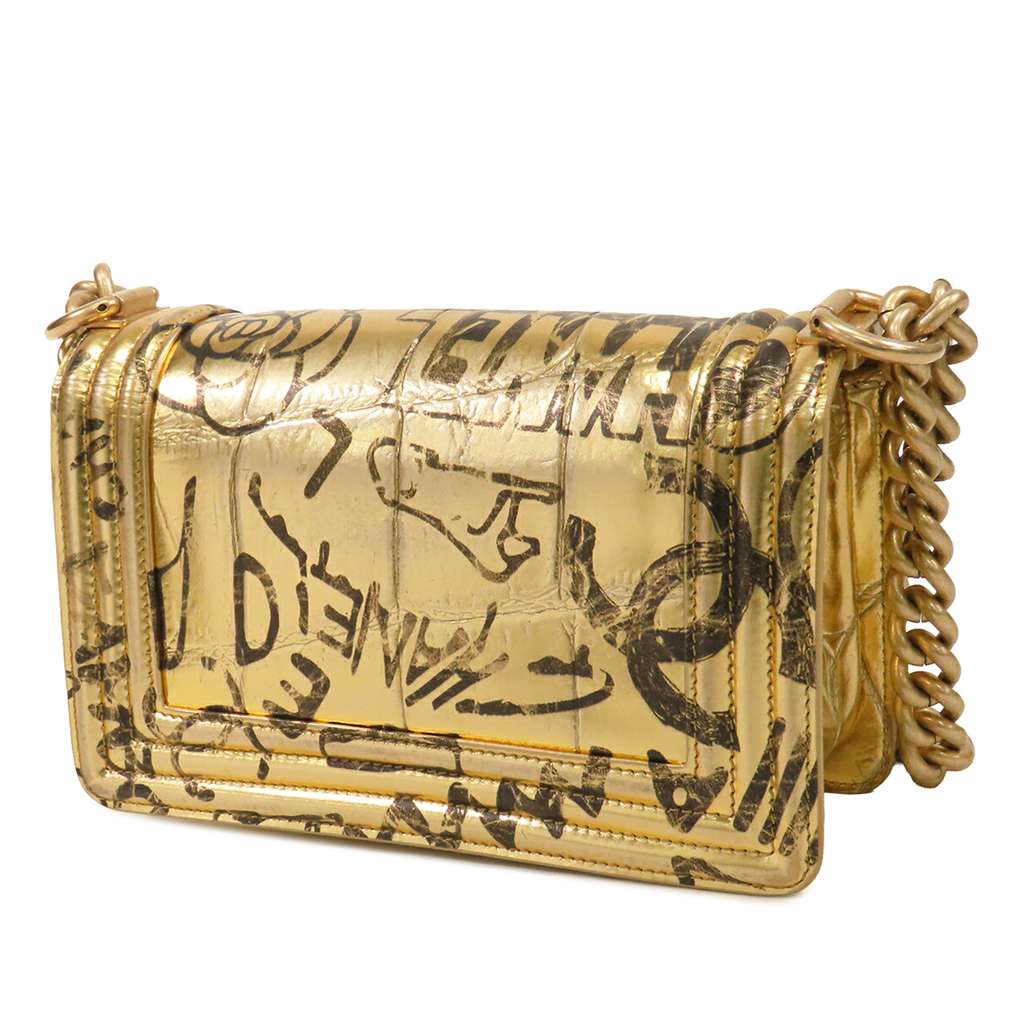Chanel Small Croc Embossed Leather Graffiti Cocodile Boy Flap Gold Leather Good condition - Back View