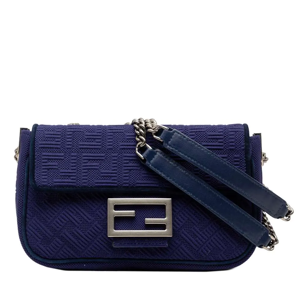 Fendi Zucca Embossed Technical Fabric Chain Midi Baguette Blue Very good - Front View