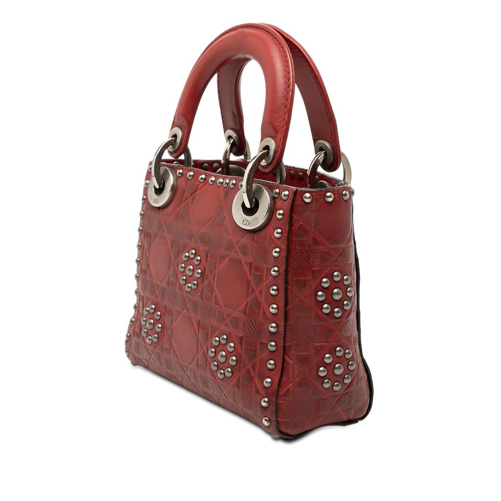 Dior Mini Embossed Calfskin Cannage Studded Flower Lady Dior Red Leather Good condition - Back View